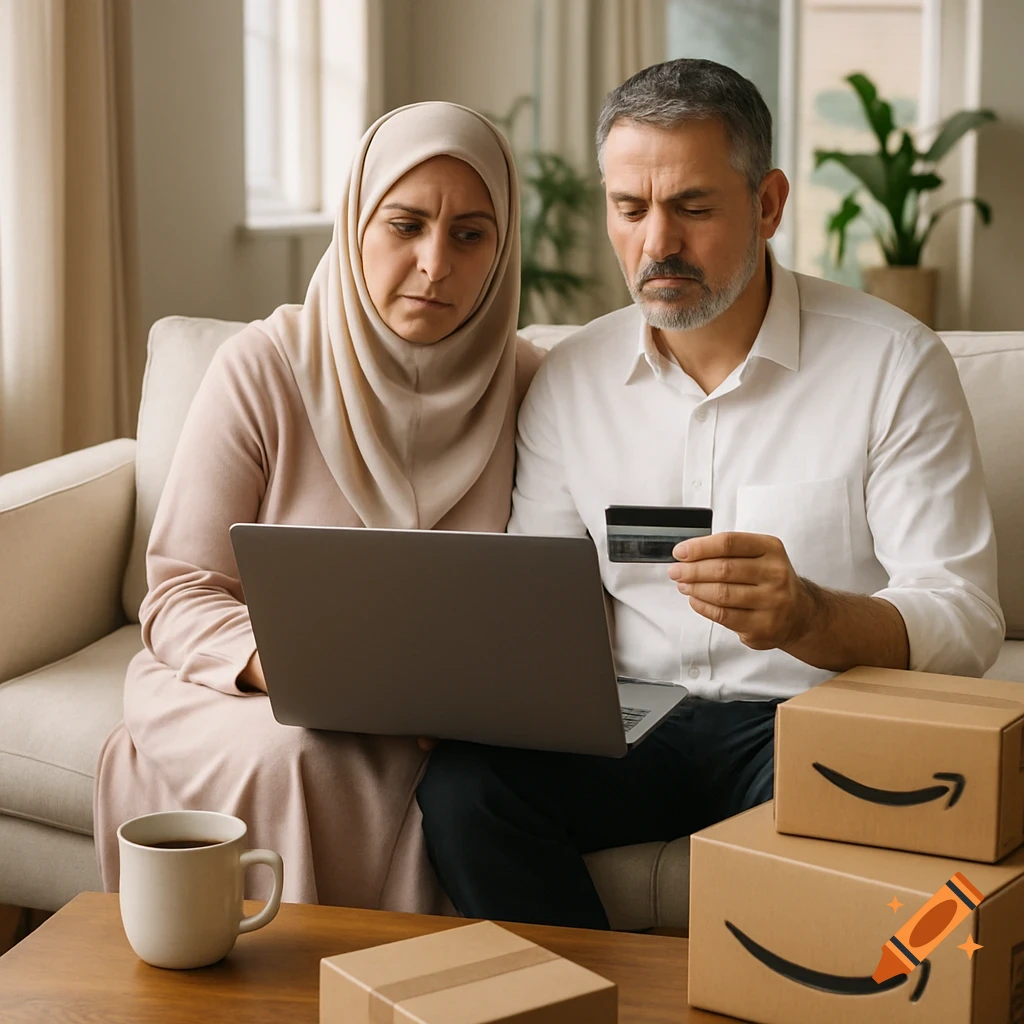 A Muslim man and woman sit on a sofa, doing online shopping with a laptop and credit card, surrounded by parcels.