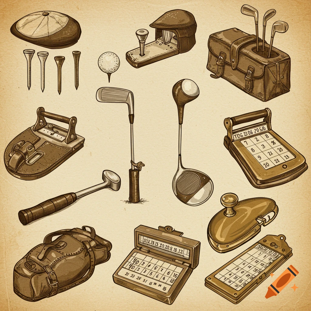 A vintage illustration collage of various golf gadgets, including clubs, tees, a ball, bags, and scorekeeping devices, on a textured background.
