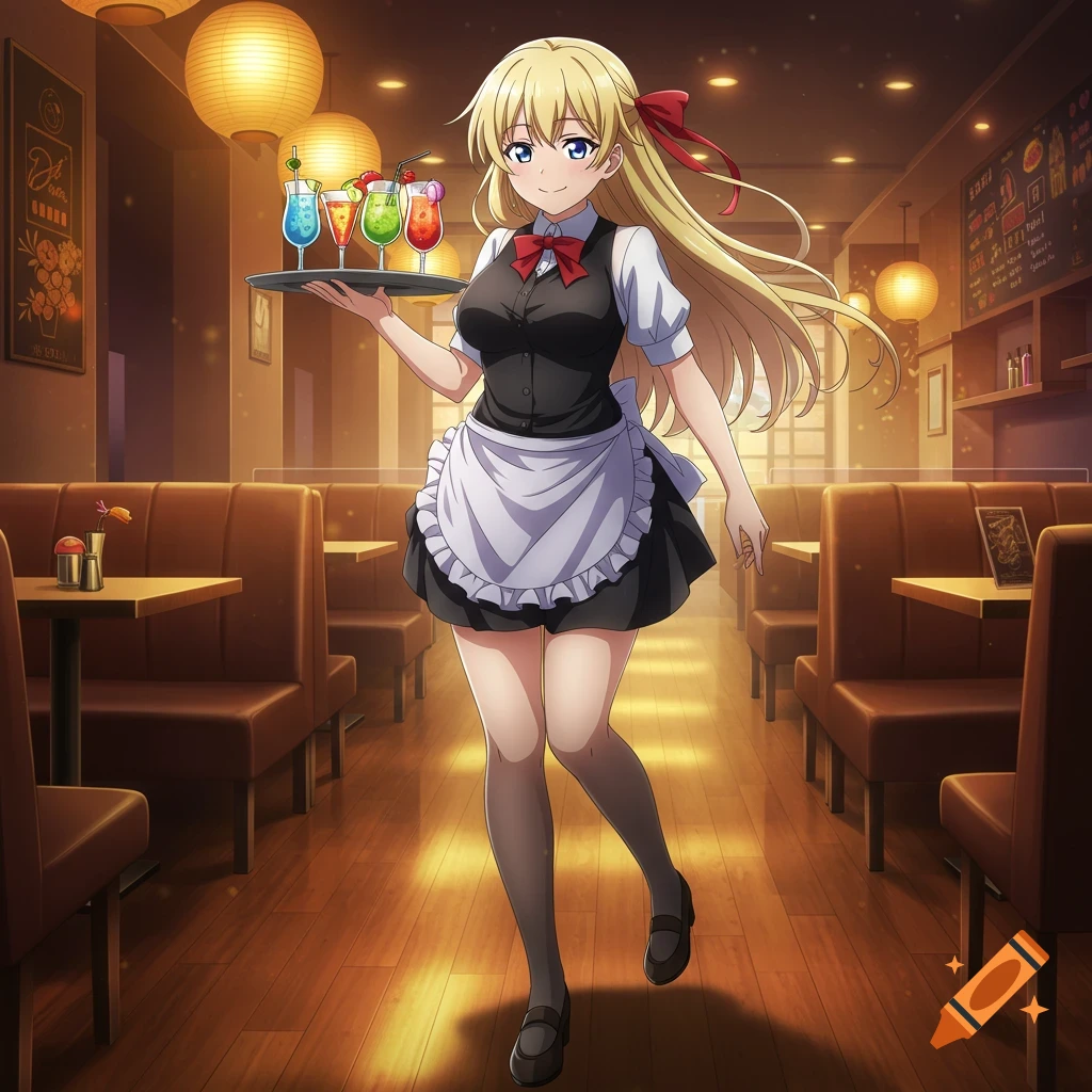 An anime blonde waitress in a cafe carries a tray of colorful cocktails.