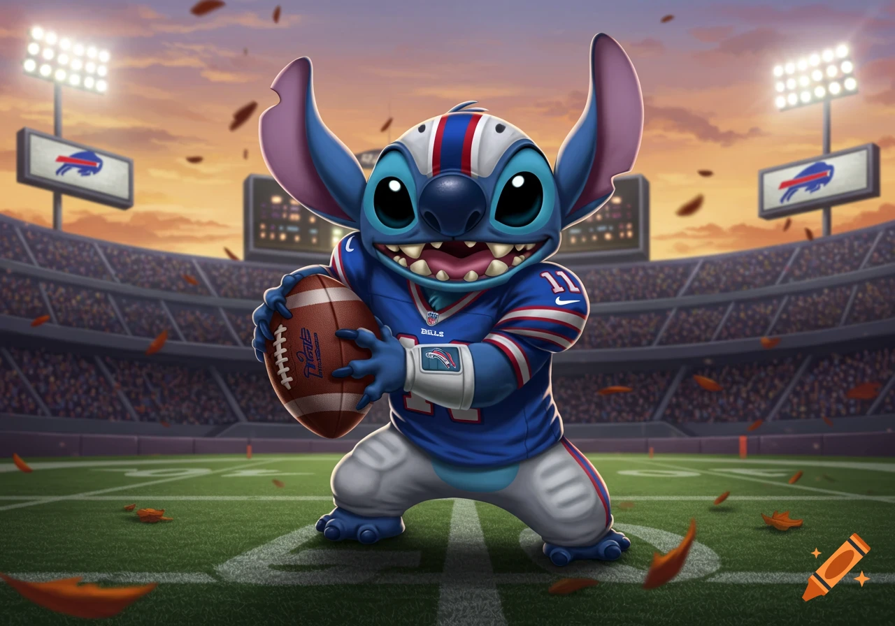 Stitch from Lilo & Stitch wearing a Buffalo Bills football uniform, holding a football on a stadium field during sunset.