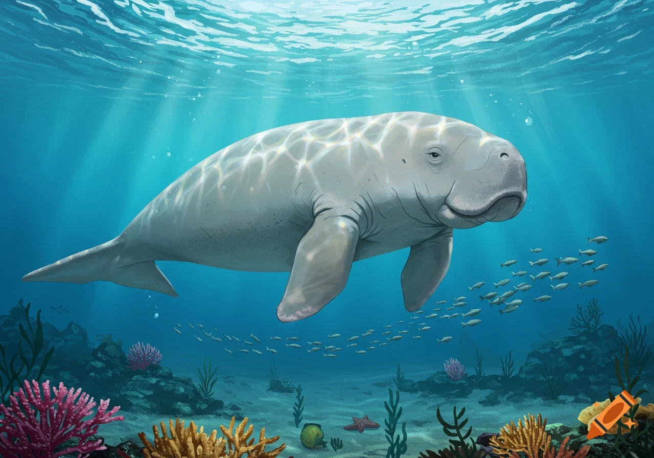A dugong swims in a clear blue ocean, surrounded by colorful coral and a school of fish.