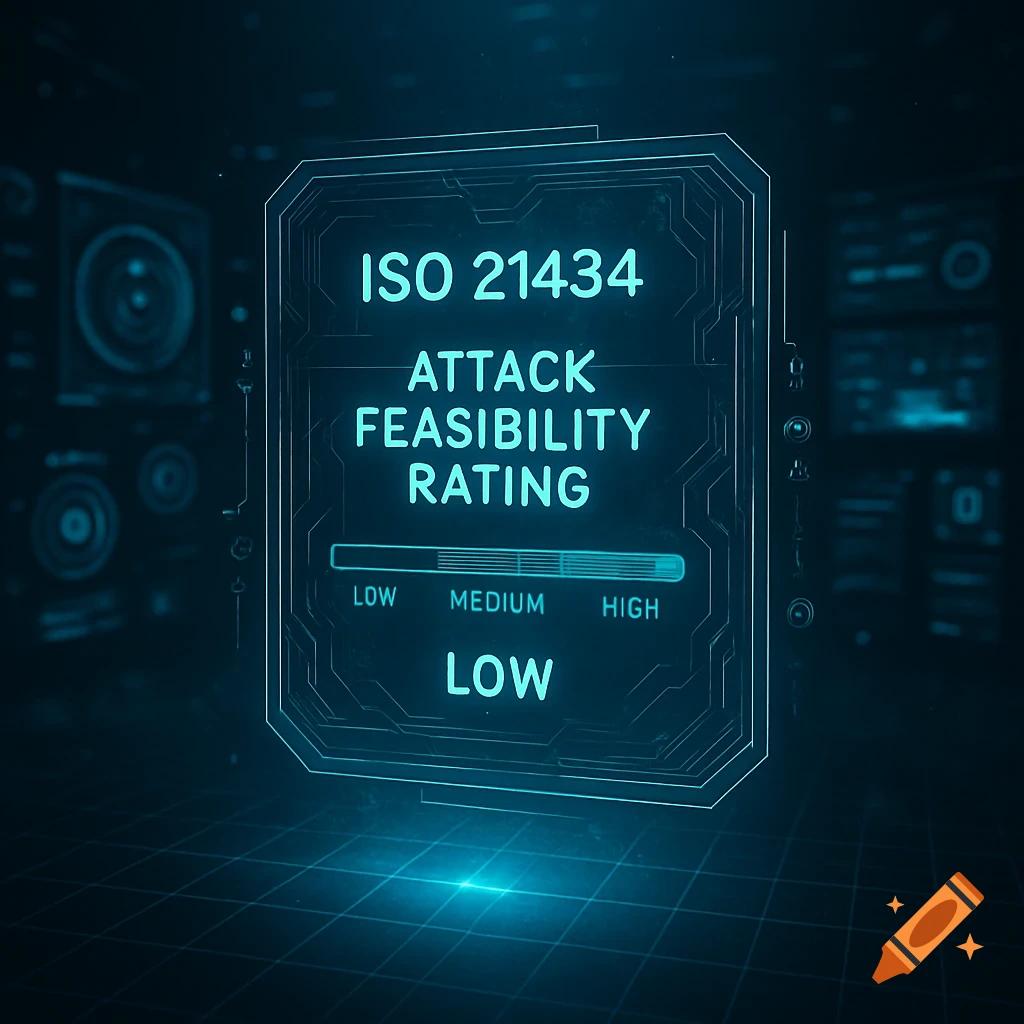 A glowing blue futuristic digital display showing 'ISO 21434 Attack Feasibility Rating: LOW' on a dark background.