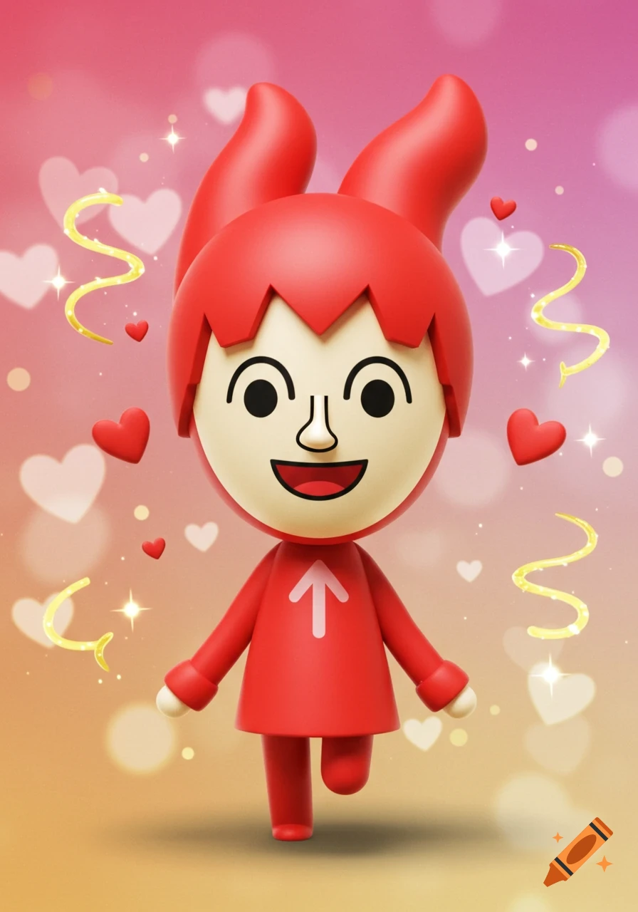 A smiling red Mii-like character with pointed ears stands amidst hearts and sparkles on a pink and yellow gradient background.