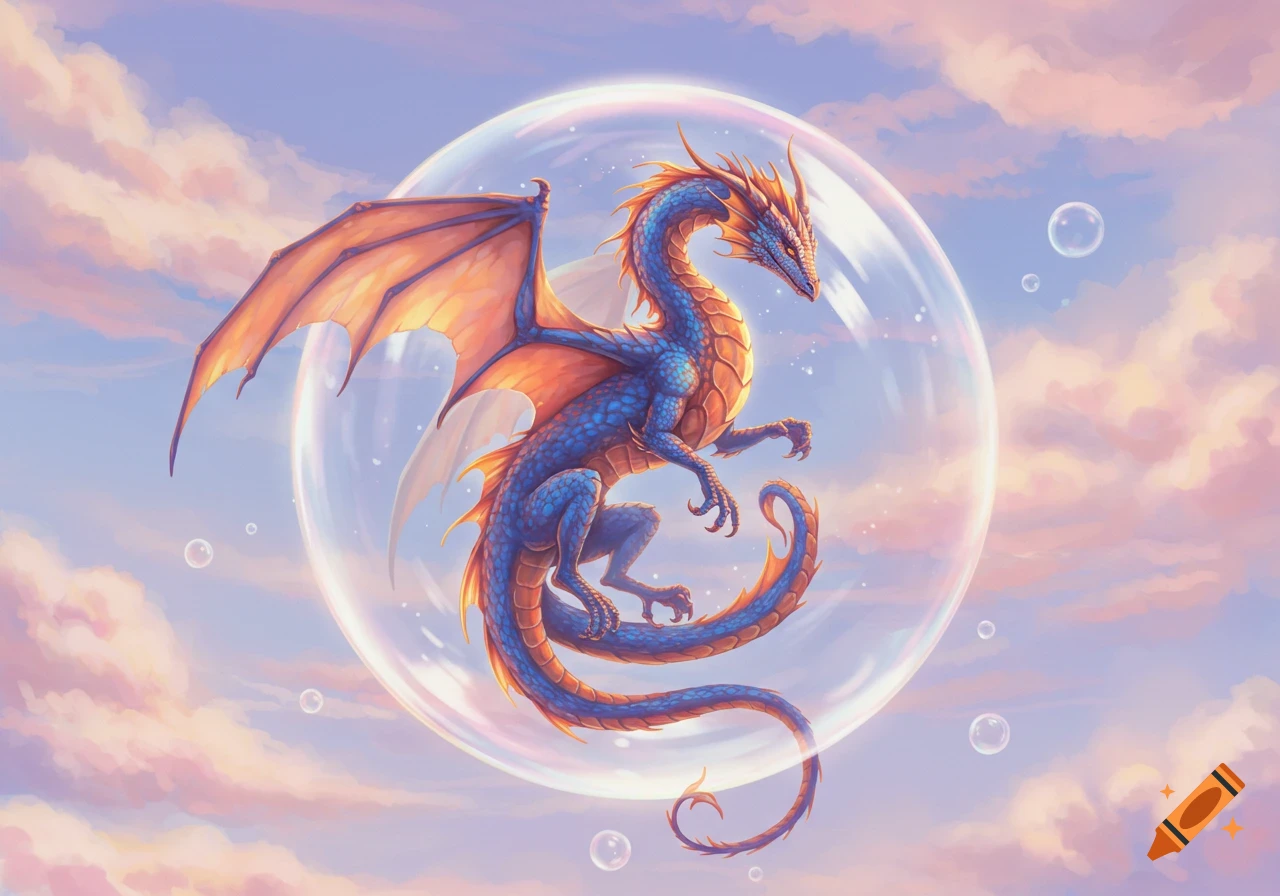 A vibrant blue and orange dragon with large wings floats inside a clear bubble in a pastel sky with pink and purple clouds.