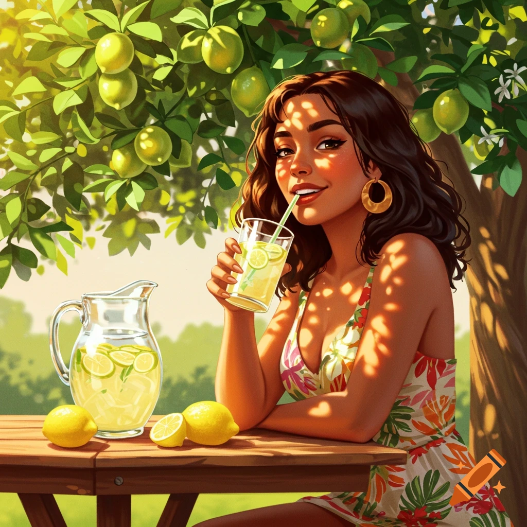 A woman drinks lemonade at a wooden table under a lemon tree on a sunny summer day. A pitcher of lemonade and lemons sit on the table in this vibrant illustration.