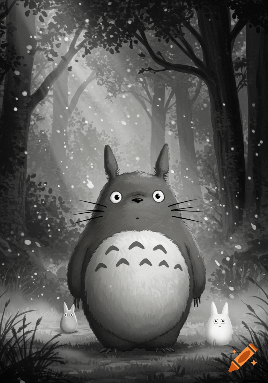 Black and white illustration of Totoro and two smaller Totoros standing in a magical forest with light rays.