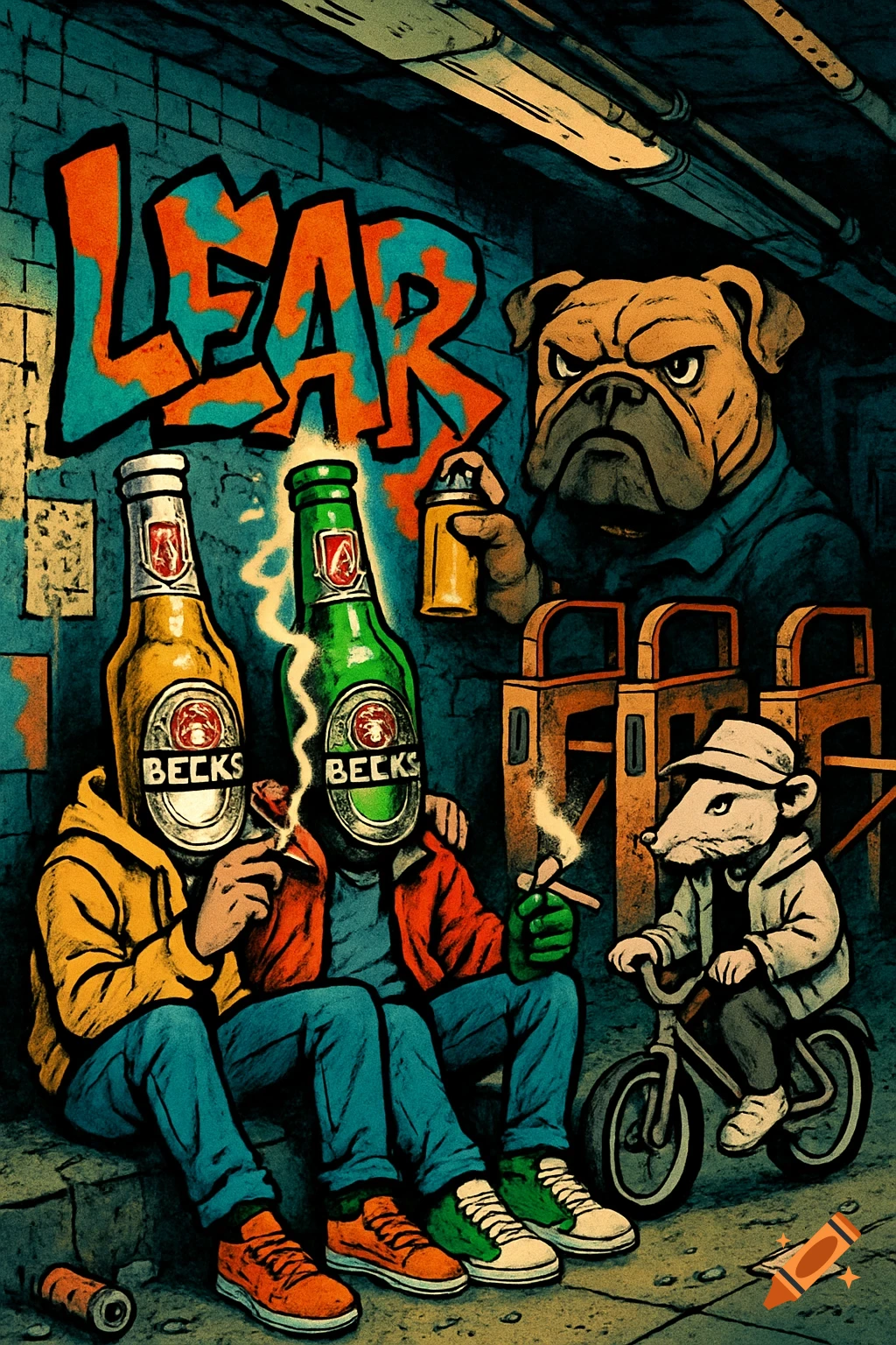 Comic-style illustration of two bottle-headed figures smoking, a bulldog spray-painting 'LEAR' graffiti, and a rat on a bike in a subway station.