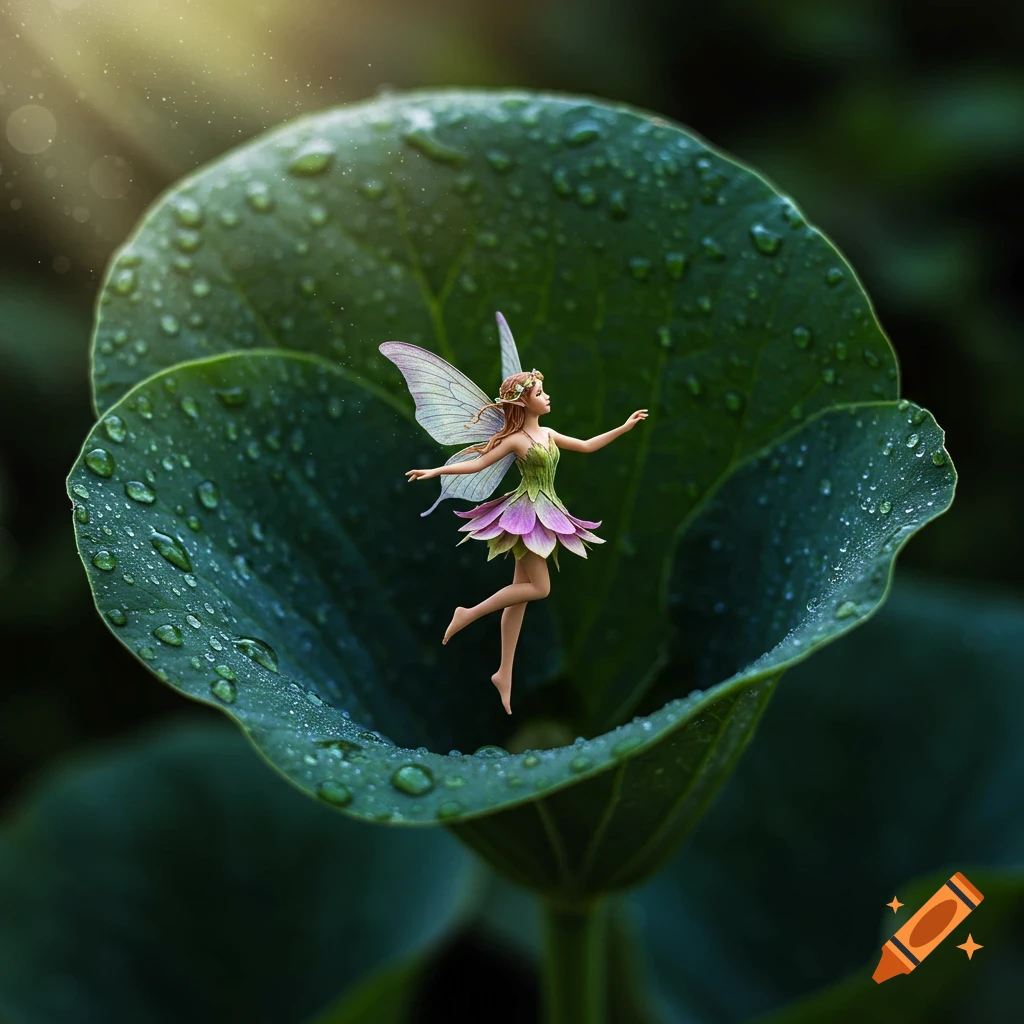 A tiny fairy in a green and purple dress dances barefoot on a large, dew-covered green leaf in a lush setting.