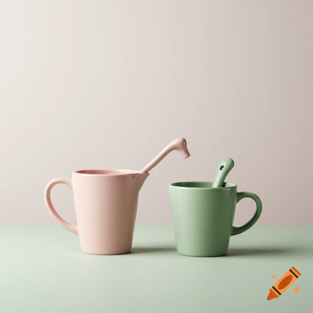A pink ceramic pitcher with a long-necked, animal-head spoon next to a green ceramic mug with a green spoon, on a pastel background.