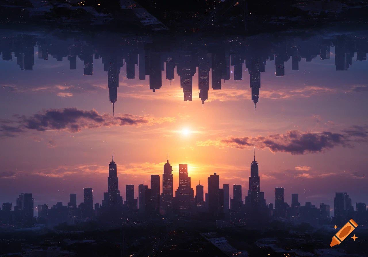 A mirrored city silhouette at sunset, with tall buildings reflecting vertically against an orange and purple sky.
