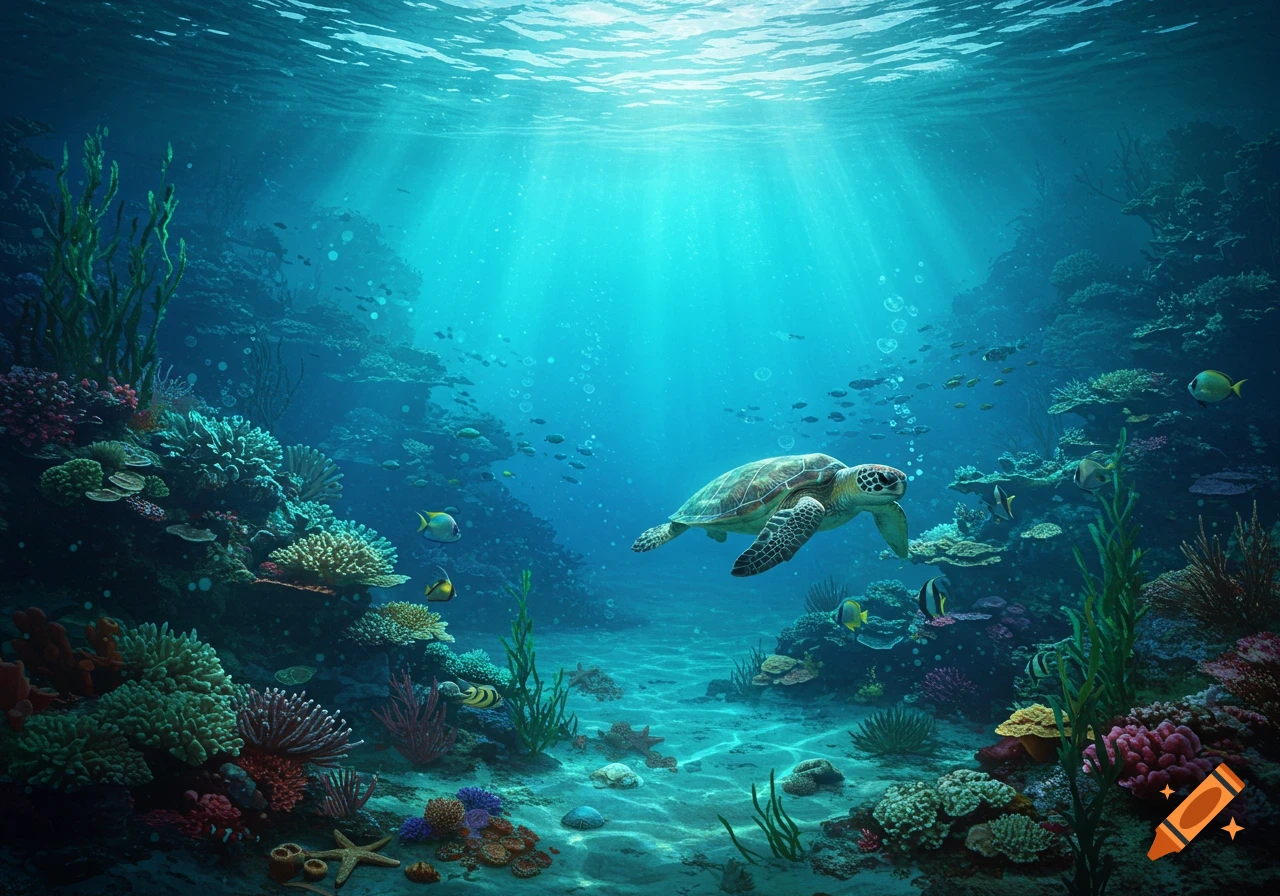Photorealistic underwater scene with a sea turtle swimming over a vibrant coral reef, schools of fish, and sunlight rays.