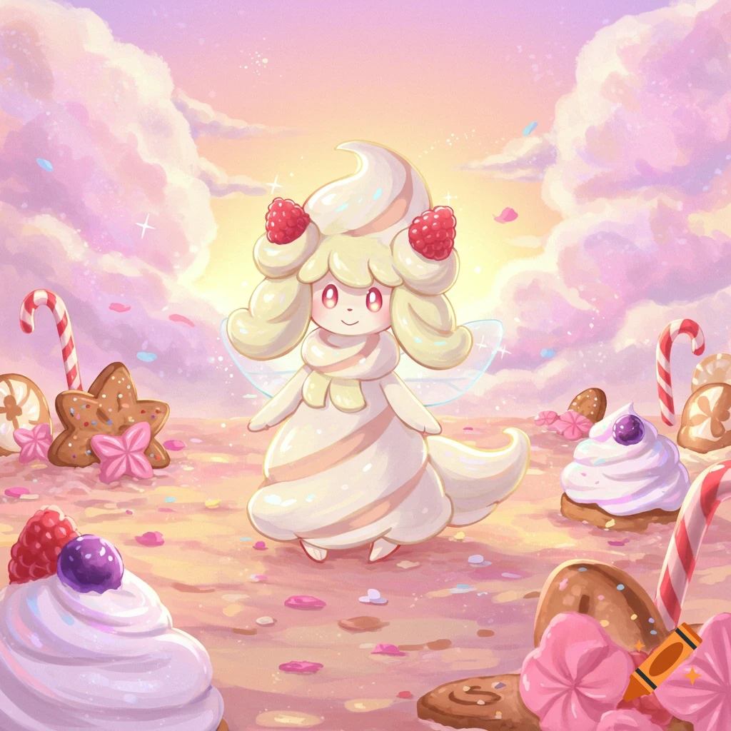 A cute cream-colored Alcremie with raspberry horns and small wings stands in a magical dessert landscape with candy canes and cupcakes.