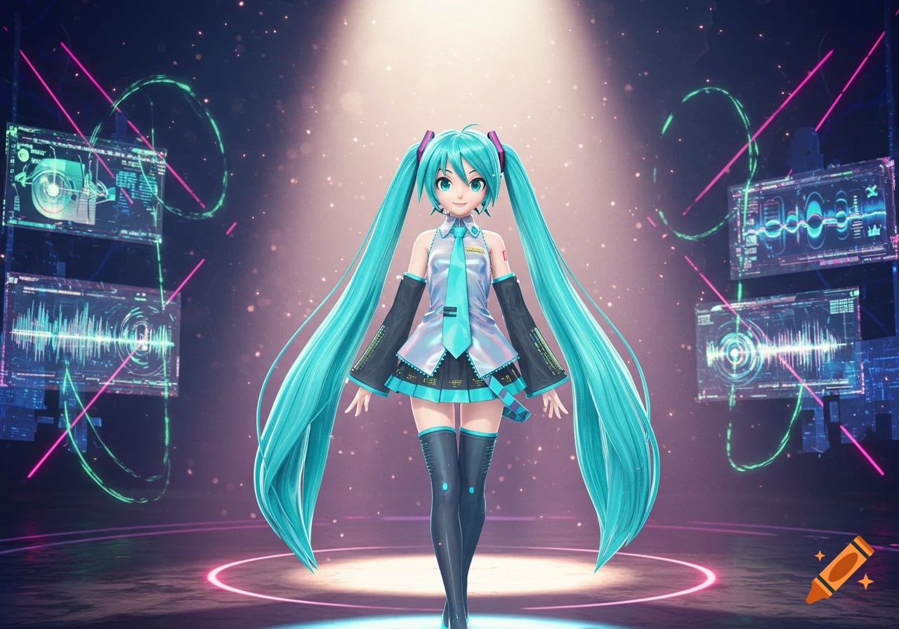 Hatsune Miku with long teal pigtails, wearing a futuristic outfit, stands on a stage with glowing neon displays and bokeh lights.
