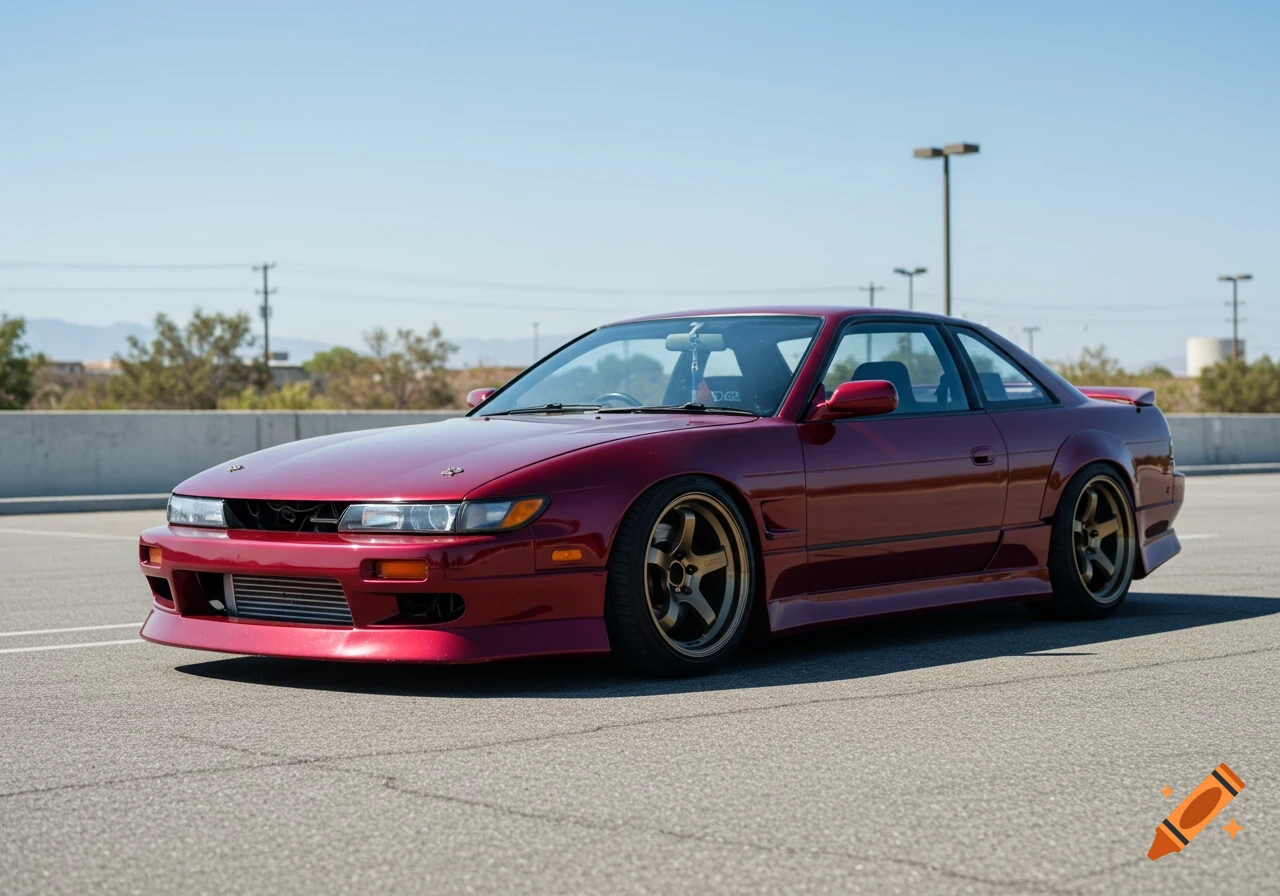 A metallic cherry red 1993 Nissan Silvia S13 coupe with an Origin Labs body kit and TE37 wheels parked in an empty lot on a clear day.