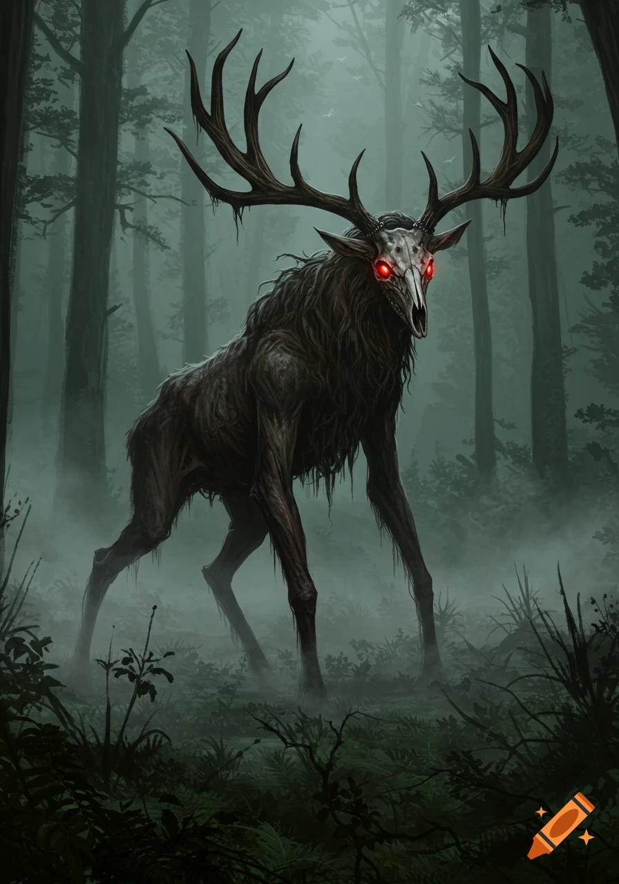 A dark fantasy illustration of a monstrous wendigo deer with a skull face and glowing red eyes in a foggy forest.