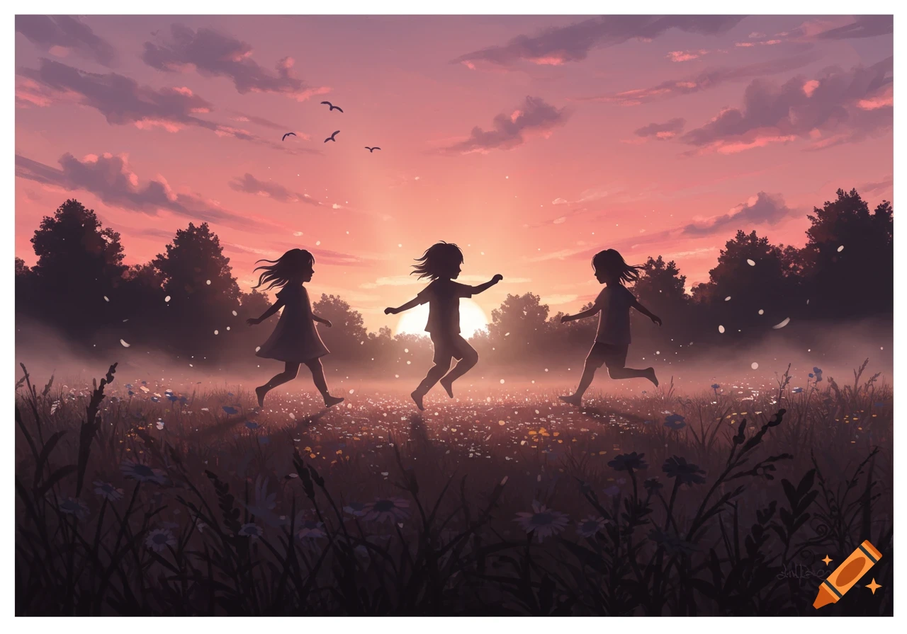 Silhouettes of three children dancing through a field of wildflowers at sunset under a pink and purple sky.