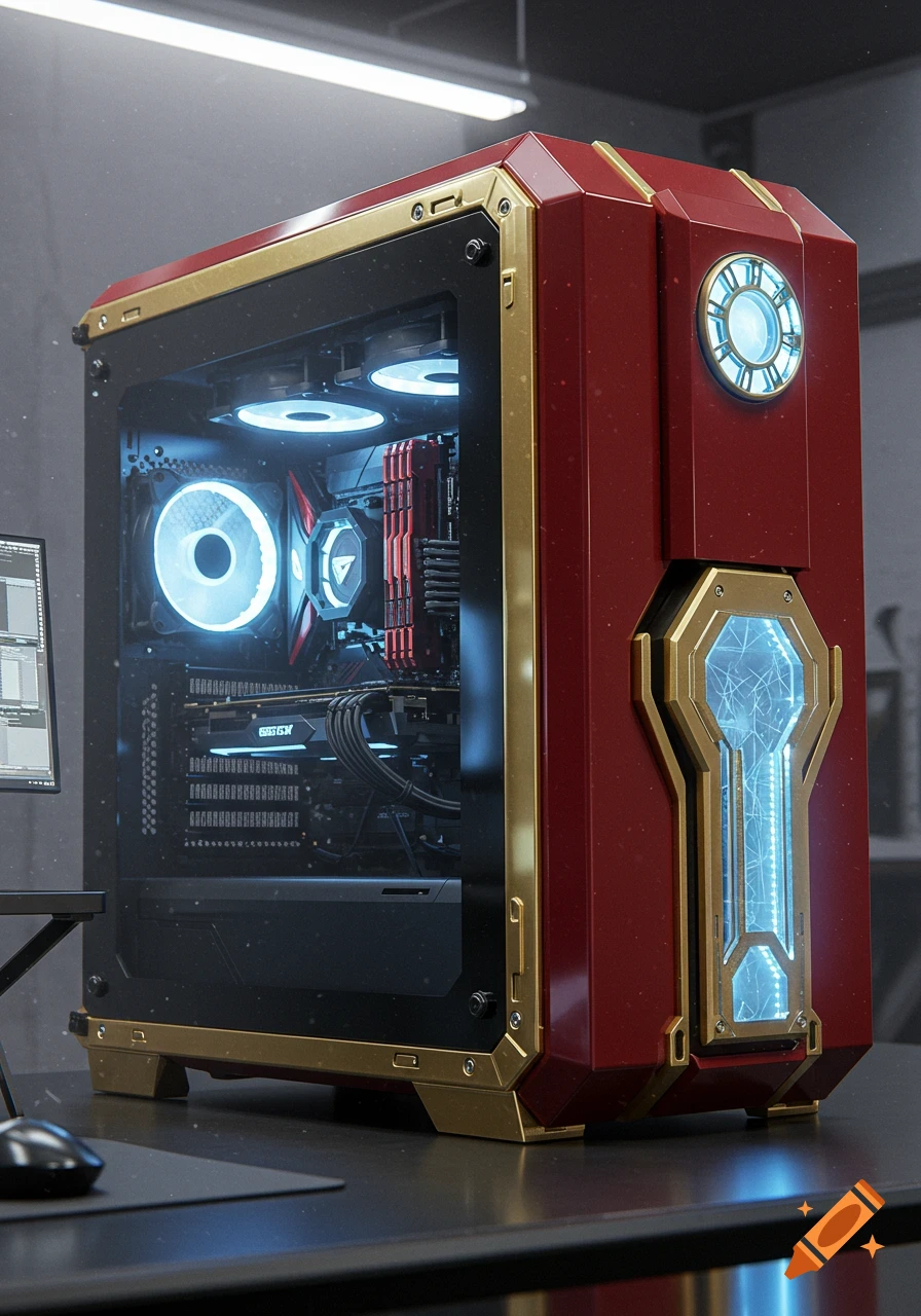A red and gold Iron Man themed PC tower with glowing blue internal components and an arc reactor design on its front panel.