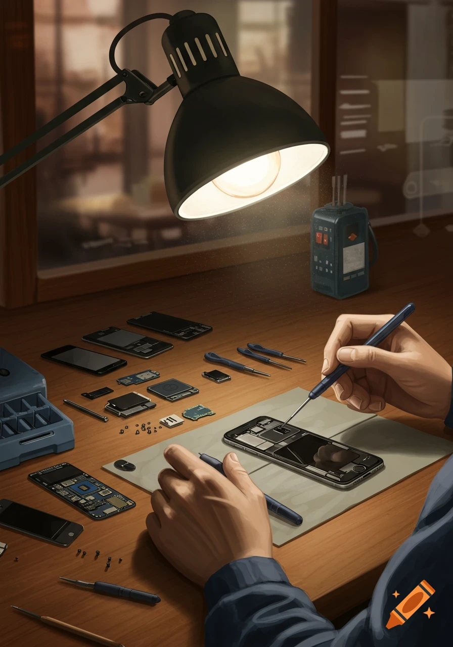 Illustrative close-up of hands repairing a smartphone on a desk with tools, phone parts, and a lamp.
