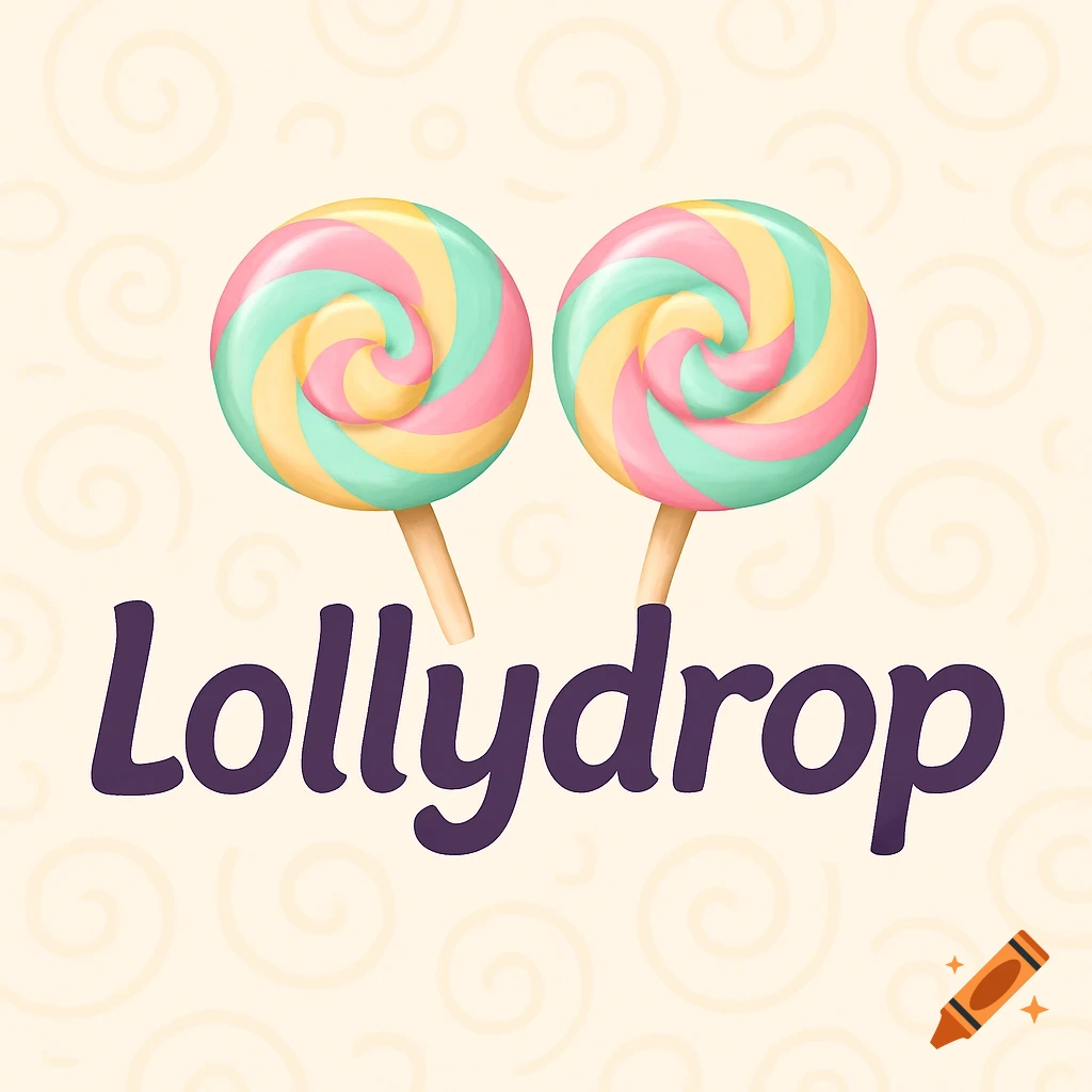 Two pastel swirl lollipops above the word 'Lollydrop', with the 'o's in the word replaced by lollipops.