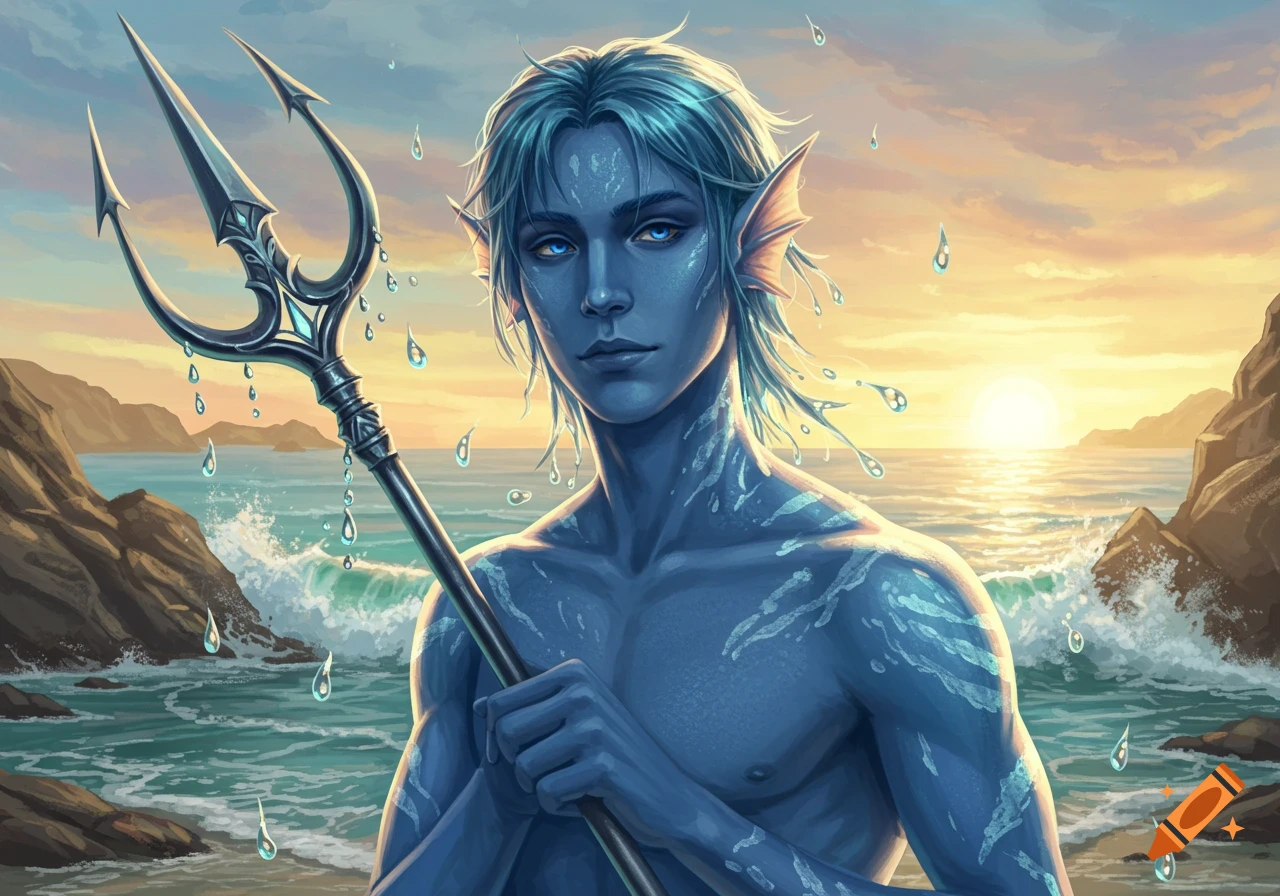 A blue-skinned young man with water-like hair and fin-like ears holds a trident, standing in the ocean at sunset.