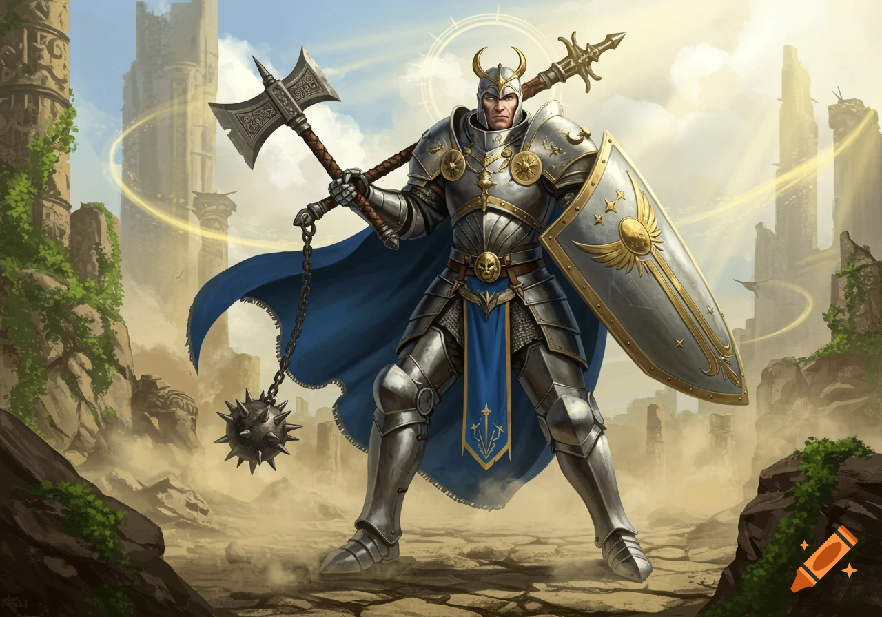 A valiant paladin in shining silver and gold armor stands with an axe and a shield in a ruined, desert landscape. Fantasy art.