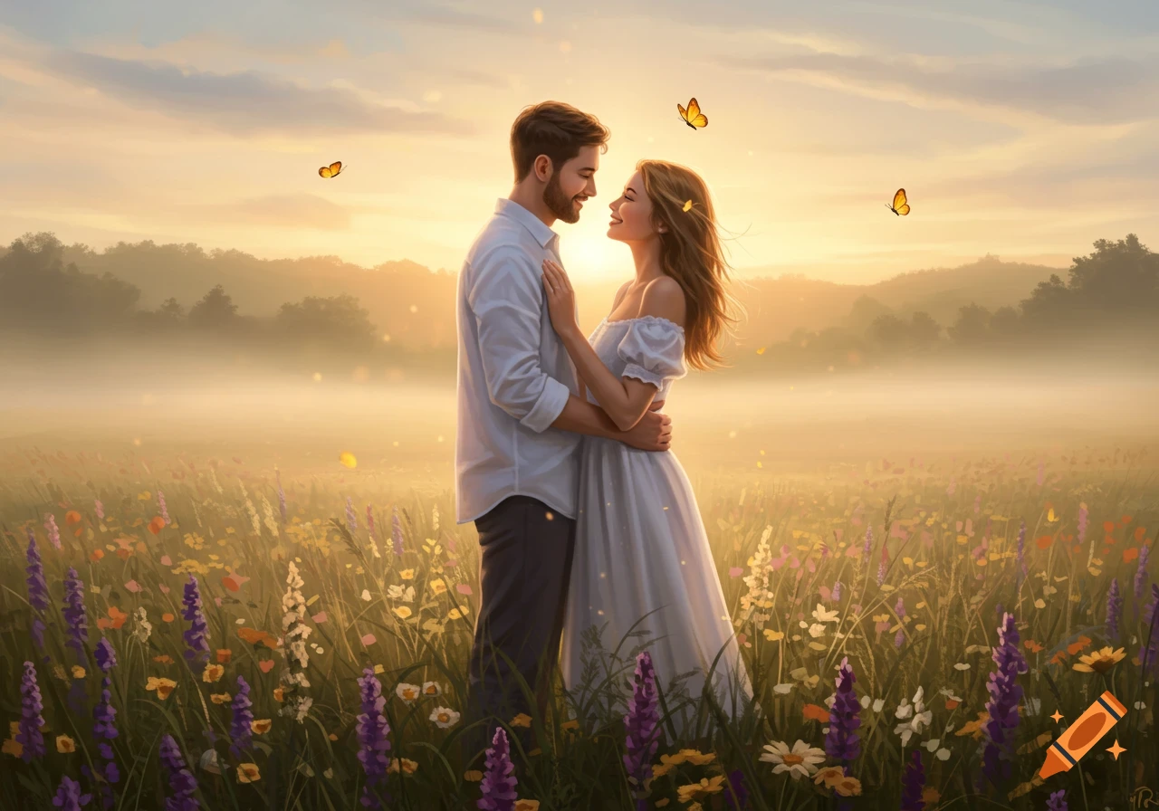 A loving couple embraces in a misty field of wildflowers with butterflies at sunset, depicted in a romantic digital illustration.