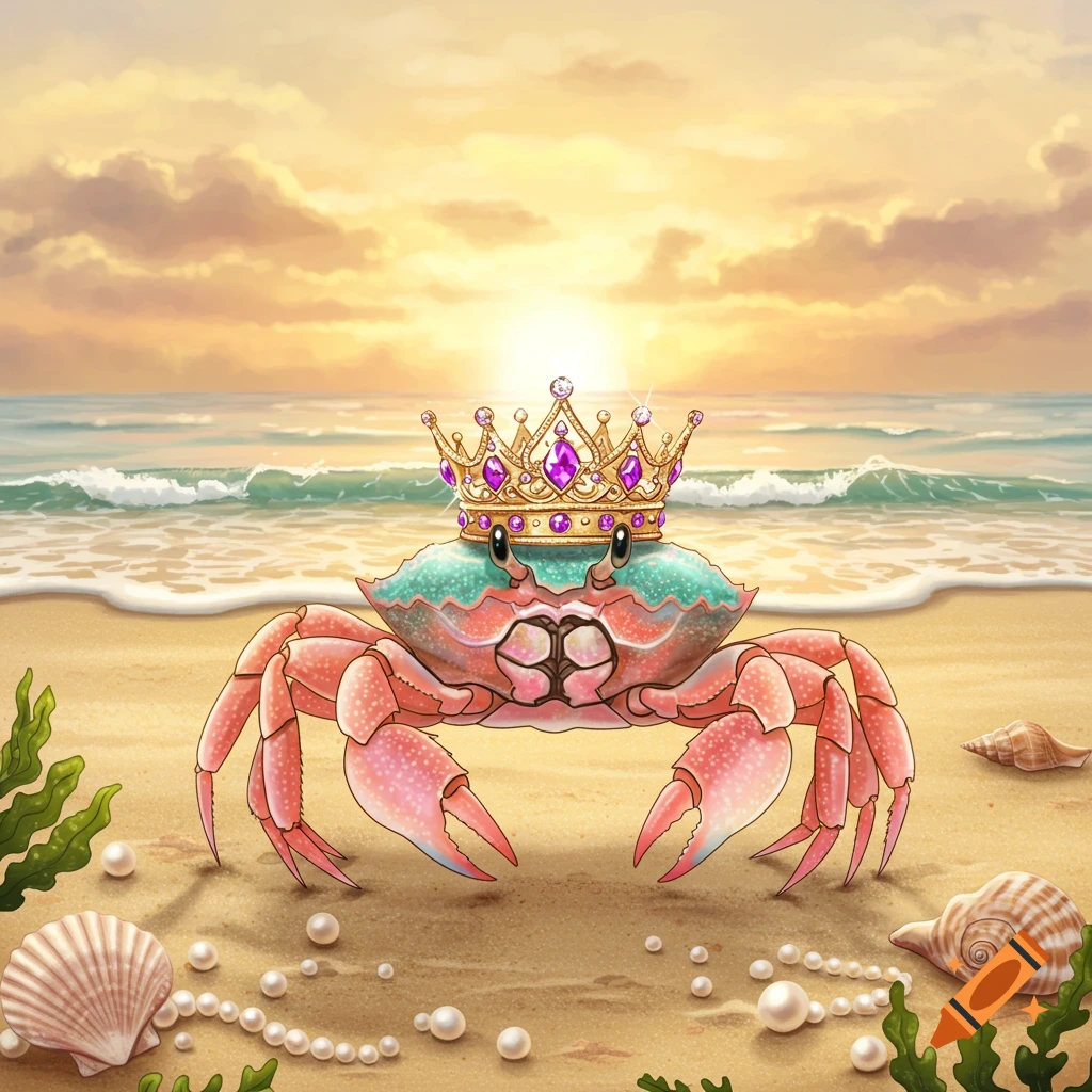 A whimsical pink and teal crab wearing a golden crown stands on a sandy beach at sunset, with seashells and pearls.