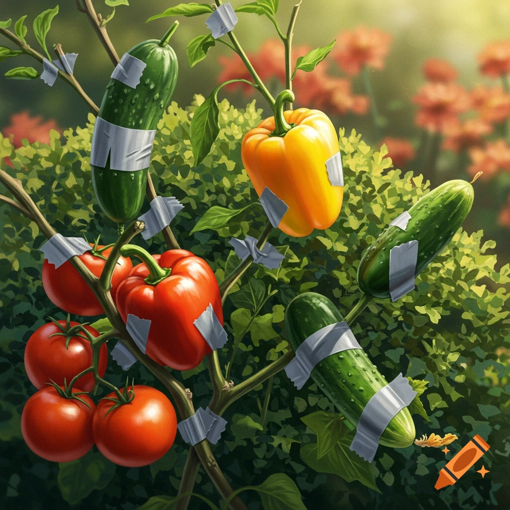 Cucumbers, tomatoes, and a yellow bell pepper are duct-taped to a leafy green bush in a garden, illustrated in a painterly style.