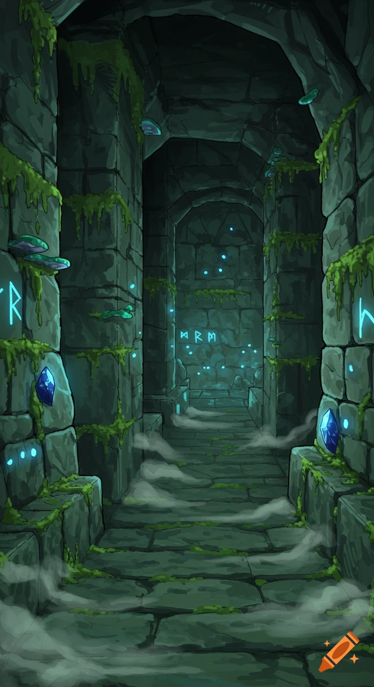 A dark fantasy dungeon hallway with moss-covered stone walls, glowing runes, magical crystals, and misty ground. Anime style.