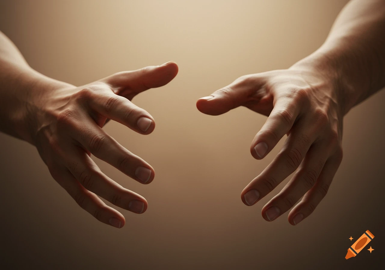 Two human hands reaching forward against a warm, blurred background, photorealistic style.