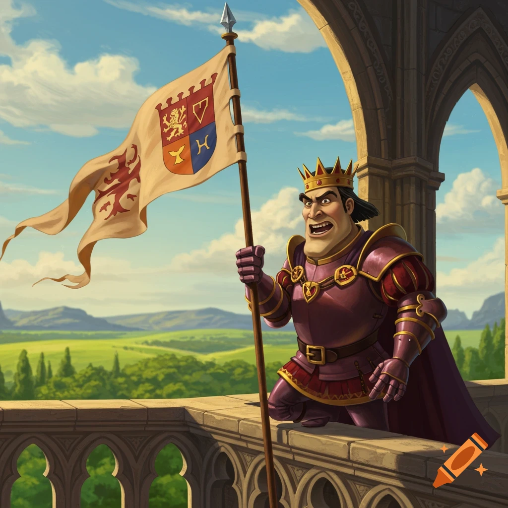 Cartoon Lord Farquaad in armor, with an angry expression, holds a large flag from a castle balcony overlooking a green landscape.