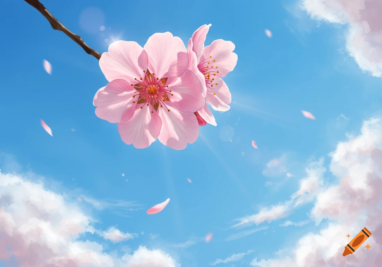 Two pink cherry blossoms on a branch against a clear blue sky with fluffy clouds and falling petals, digital art.