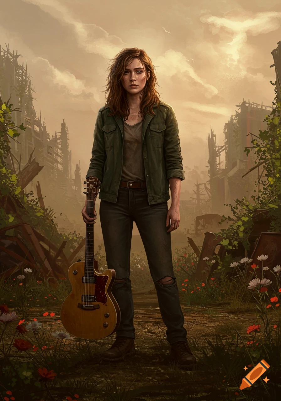 A serious young woman with brown hair, dressed in a green jacket and ripped jeans, stands holding an electric guitar in a post-apocalyptic city ruins.