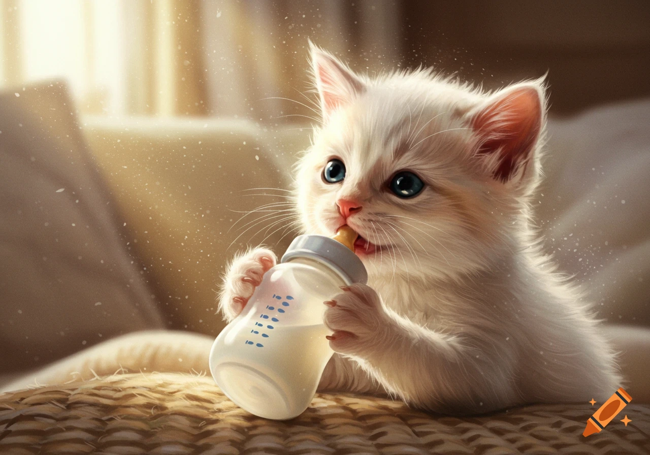 A fluffy white kitten with blue eyes drinks milk from a baby bottle, sitting on a woven surface with sunlight in the background. Photorealistic style.