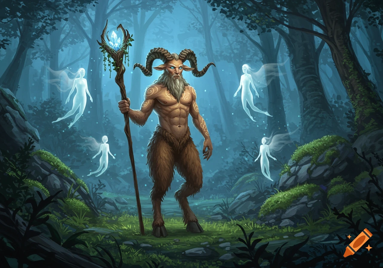 A horned satyr oracle with goat legs stands in a mystical forest, holding a glowing staff, surrounded by ethereal fairies.