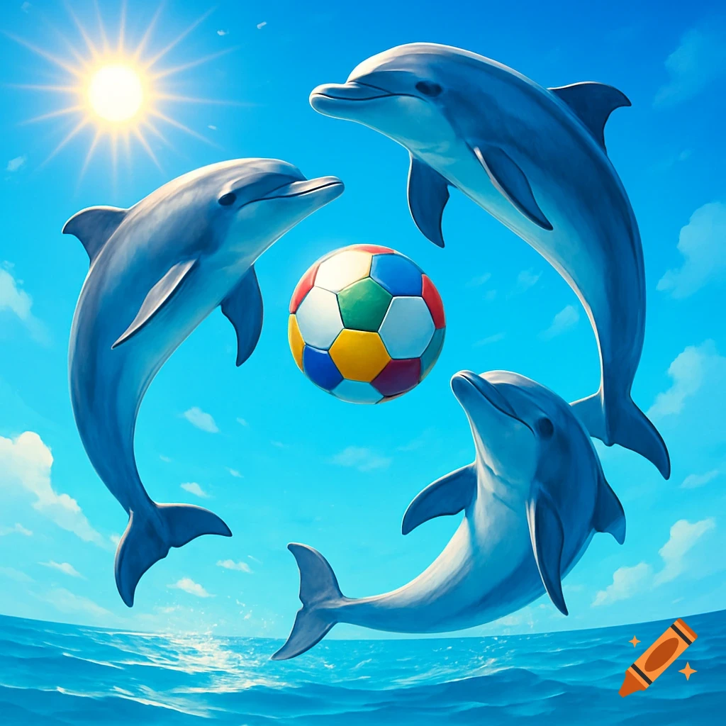 Three dolphins jumping in a circle around a colorful soccer ball above ocean waves under a bright sun in a clear blue sky.