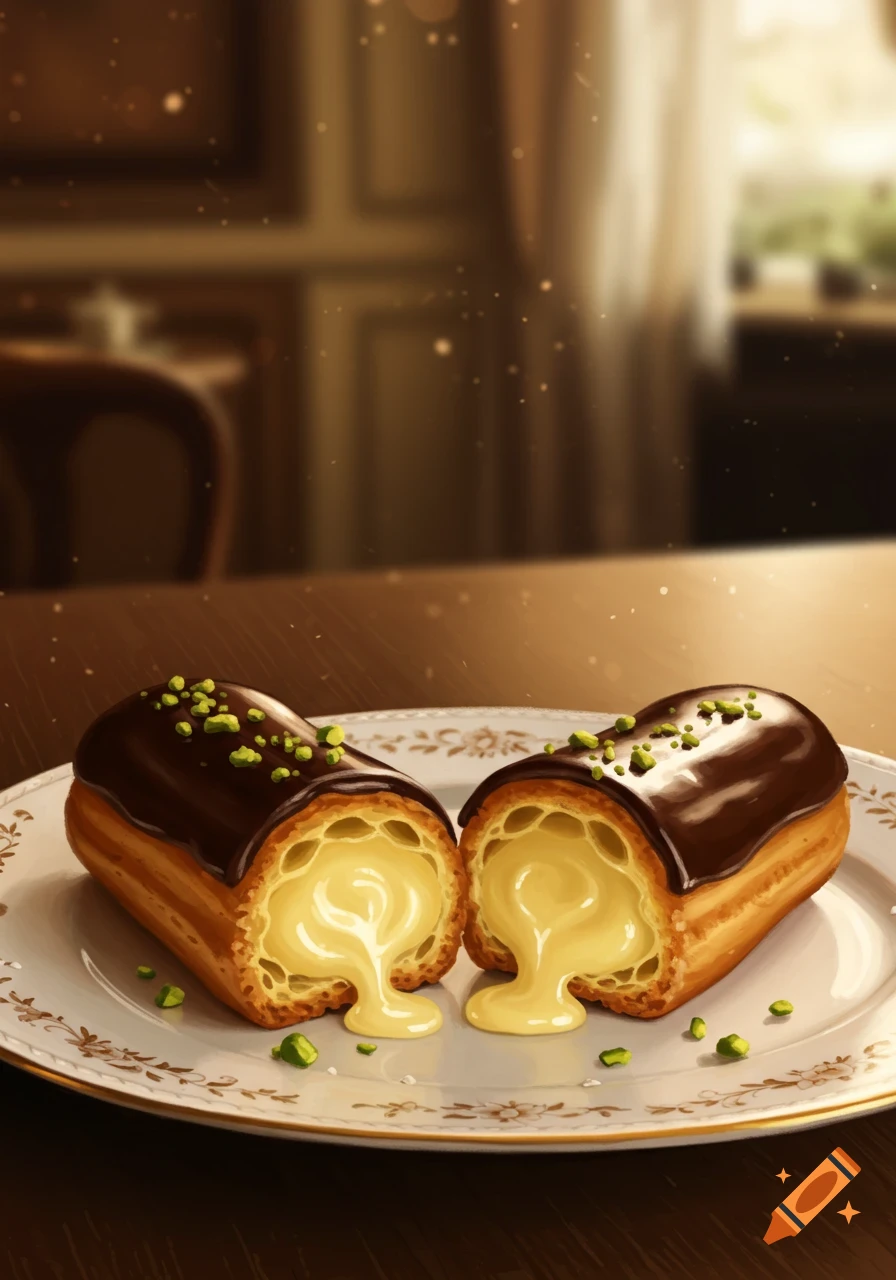 Two chocolate eclairs, cut in half with creamy filling oozing out, garnished with pistachios on a decorative plate.