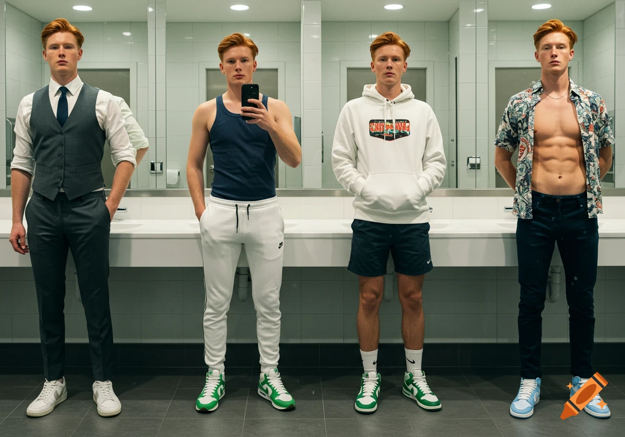 Four identical ginger men in a bathroom, each wearing a different outfit: formal, casual tank top and sweats, hoodie and shorts, and an open Hawaiian shirt with jeans, showing abs.