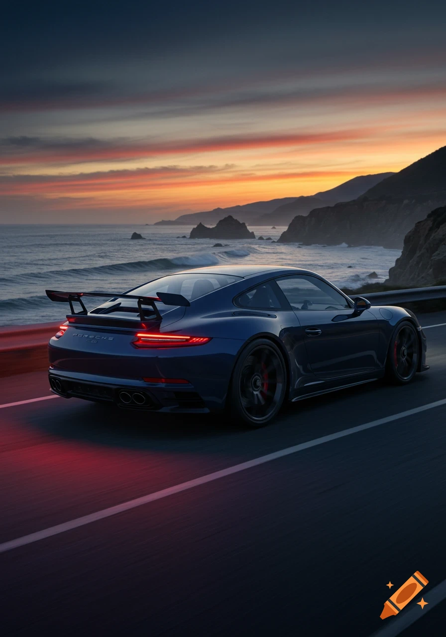 A dark blue Porsche 911 GT3 RS drives on a coastal road at sunset, with waves crashing against distant rocky cliffs.