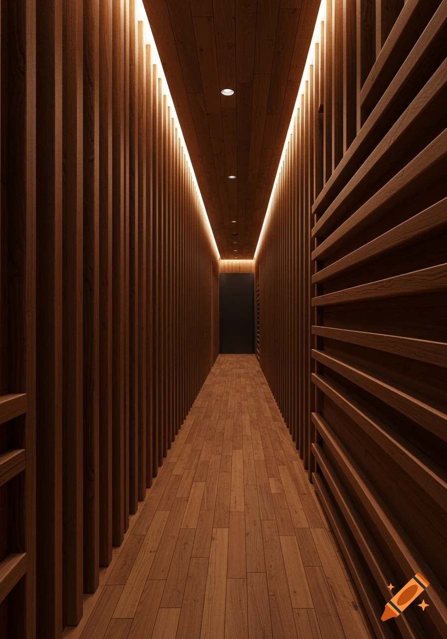 A narrow, modern hallway with dark wooden slat walls and floor, illuminated by a ceiling light strip, leading to a dark door.