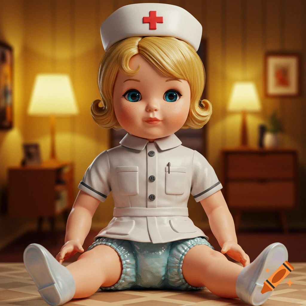 A vintage-style nurse doll with blonde hair and blue eyes, wearing a white uniform and blue plastic pants, sitting on a patterned floor in a warm room.