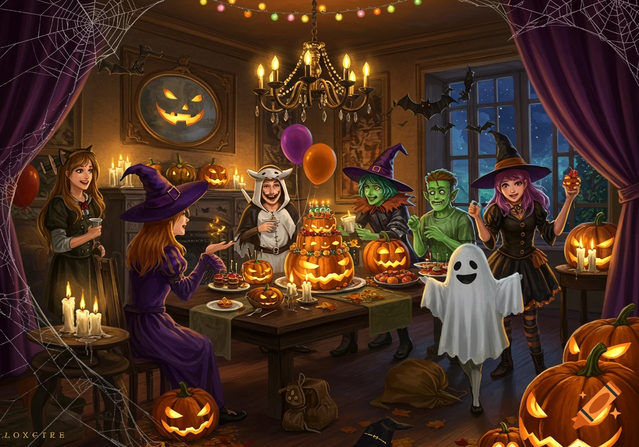 A group of diverse, costumed characters celebrate a Halloween birthday party around a table laden with glowing pumpkin decorations and treats, in a dimly lit, cobweb-adorned room.