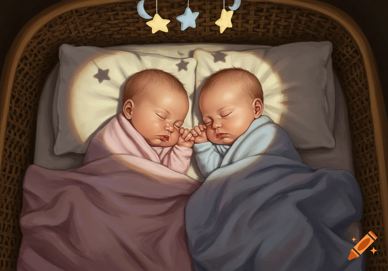 Illustration of two adorable babies, one in a pink blanket and one in a blue, sleeping peacefully in a wicker bassinet under a moon and star mobile.