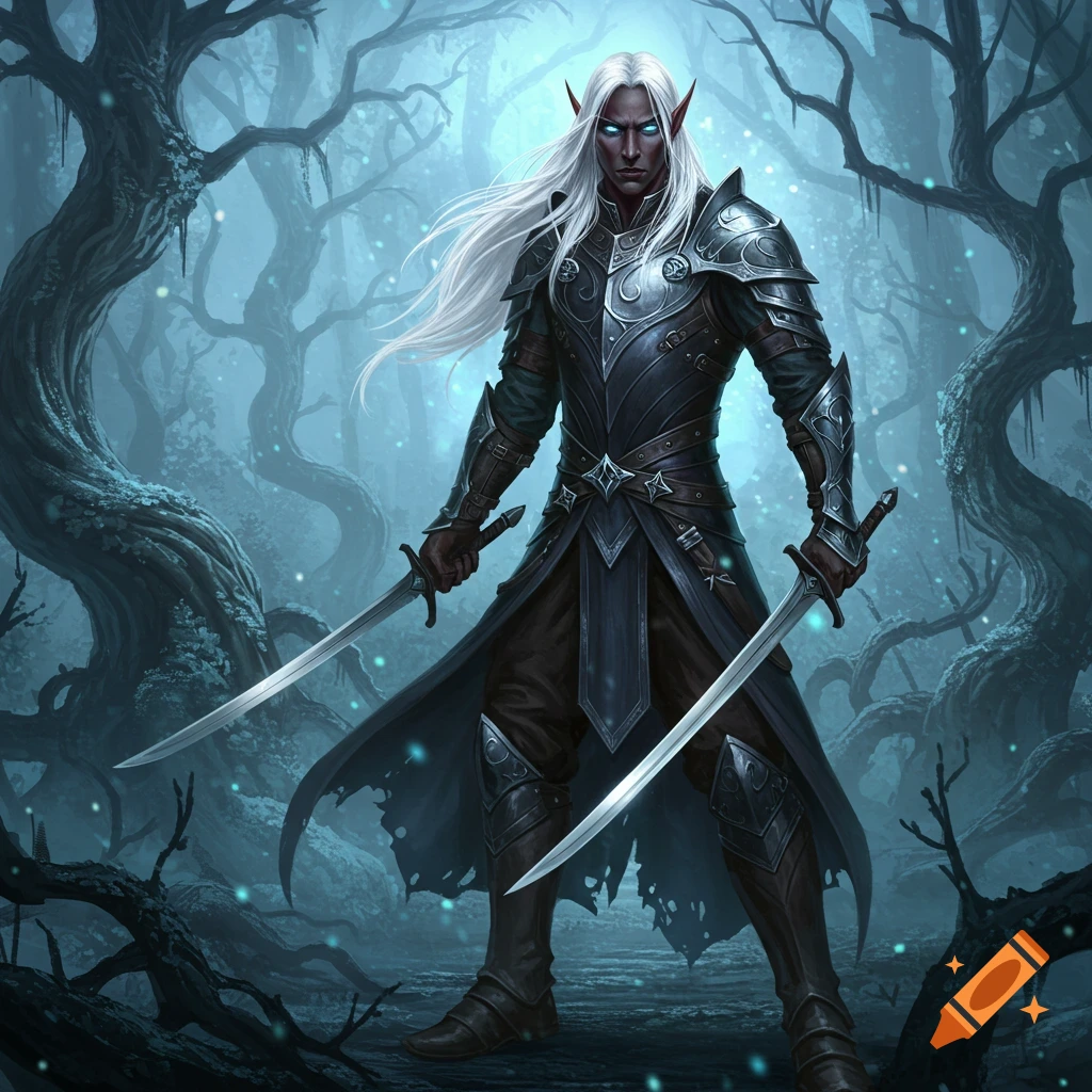 A fantasy dark elf warrior with long white hair and glowing blue eyes stands in a misty, enchanted forest, holding two short swords.