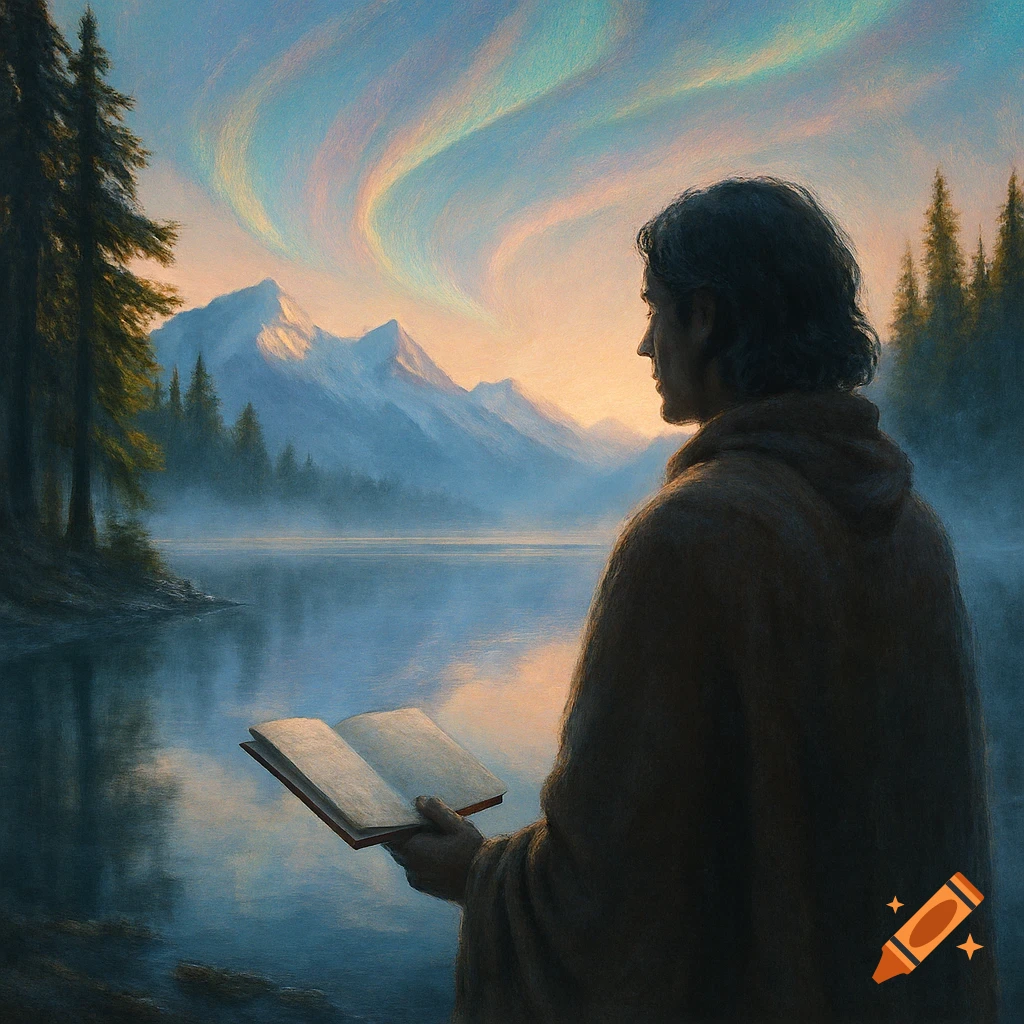 A person in a hooded cloak sits by a misty lake, holding an open book, looking at mountains under a colorful aurora sky, painterly style.