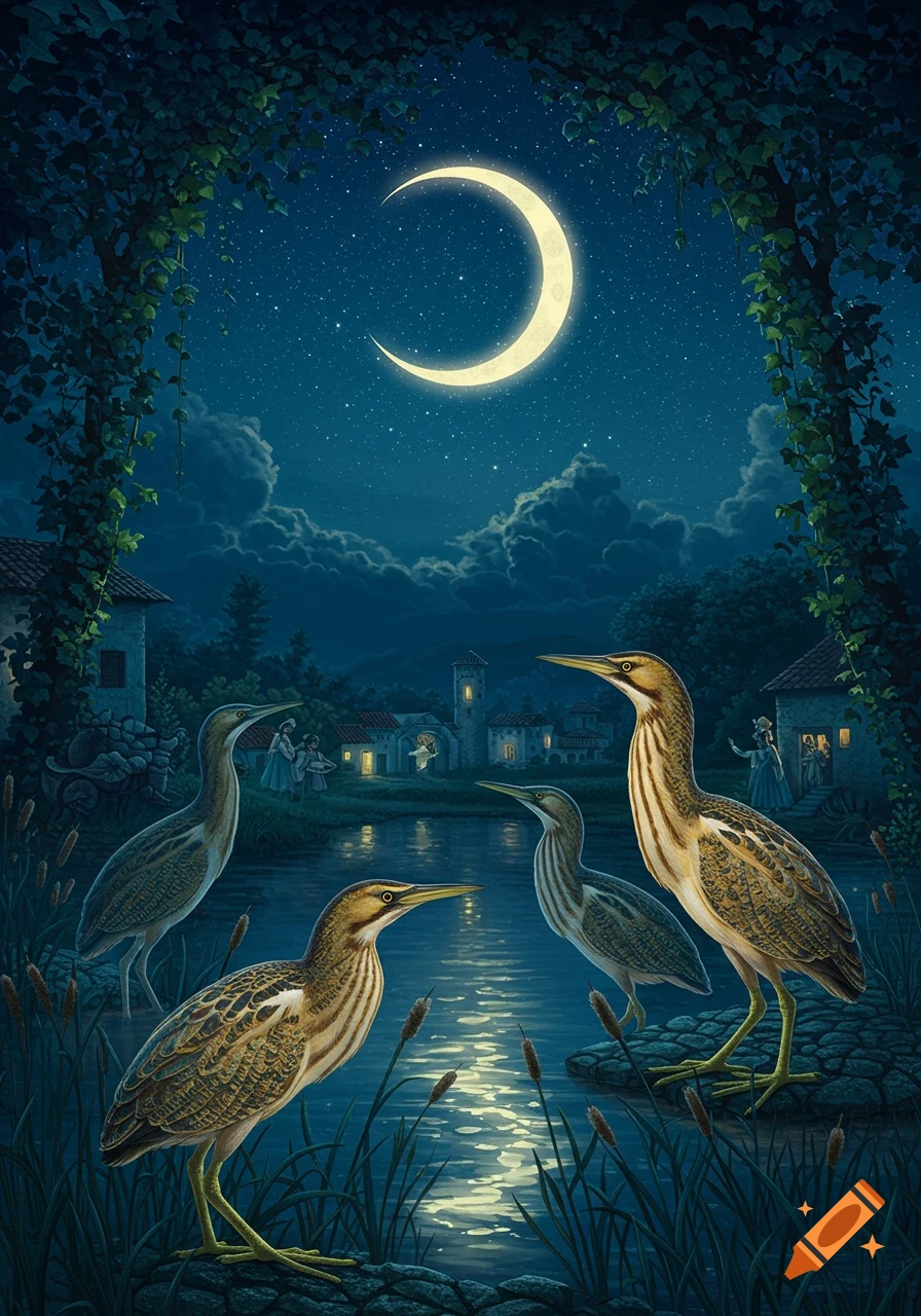 Illustrative night scene: four heron-like birds by a moonlit pond, with a distant village under a starry sky.
