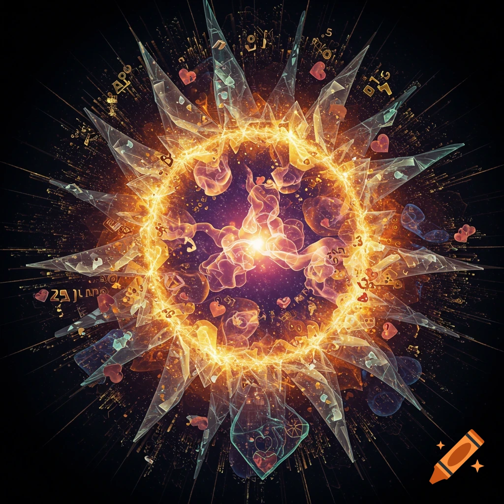 A vibrant abstract composition featuring a glowing orange and purple energy core surrounded by radiant glass shards, hearts, and symbols on black.