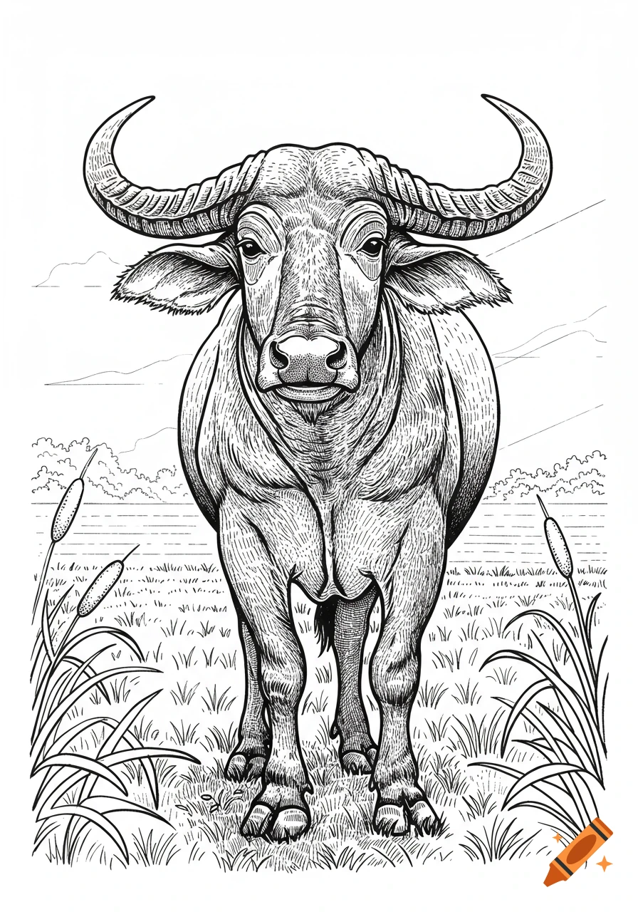 Line art drawing of a water buffalo facing forward, standing in grass with cattails and water in the background.
