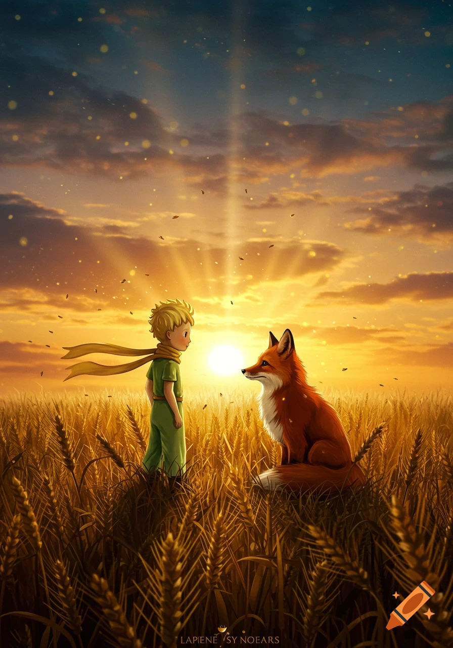 A stylized illustration of the Little Prince and a fox meeting in a golden wheat field at sunset.