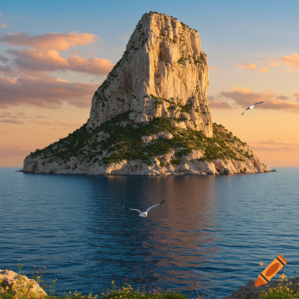 A towering rock formation juts out of the blue sea under a sky with sunset-colored clouds, with two seagulls flying.